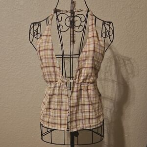 Windsor Plaid Halter Camisole - Brown and Cream